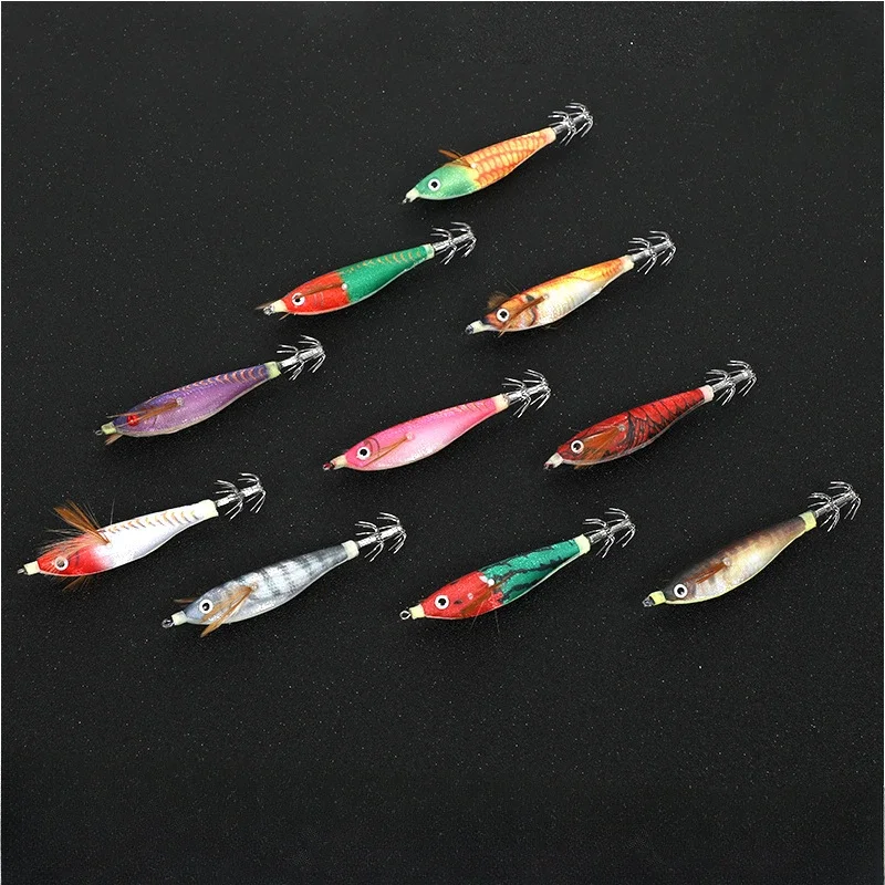 Lure Wood Shrimp Squid Hook Luminous Beads Simulation Suit round Belly Fish Wood Shrimp Lure 10 Pieces a Box