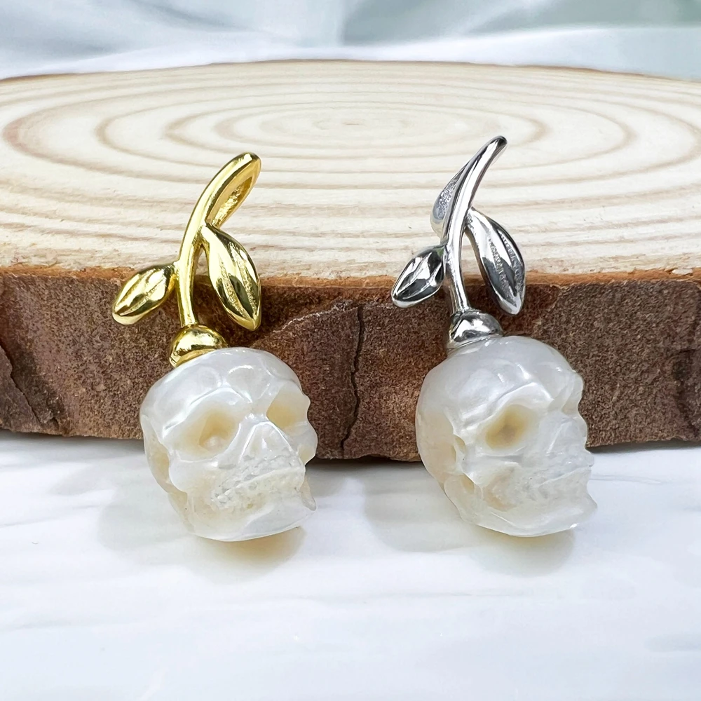 Hand Carved Freshwater Pearl Skull Pendant 925 Sterling Silver Hollow Heart Gothic Jewelry DIY Necklace Earrings Accessories