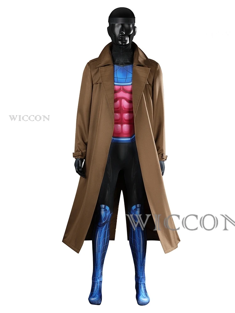 X-man Gambit Remy Cosplay Costume Men Battle Suit Leather Long Trench Vest Pants Set Superhero Halloween Carnival Outfits