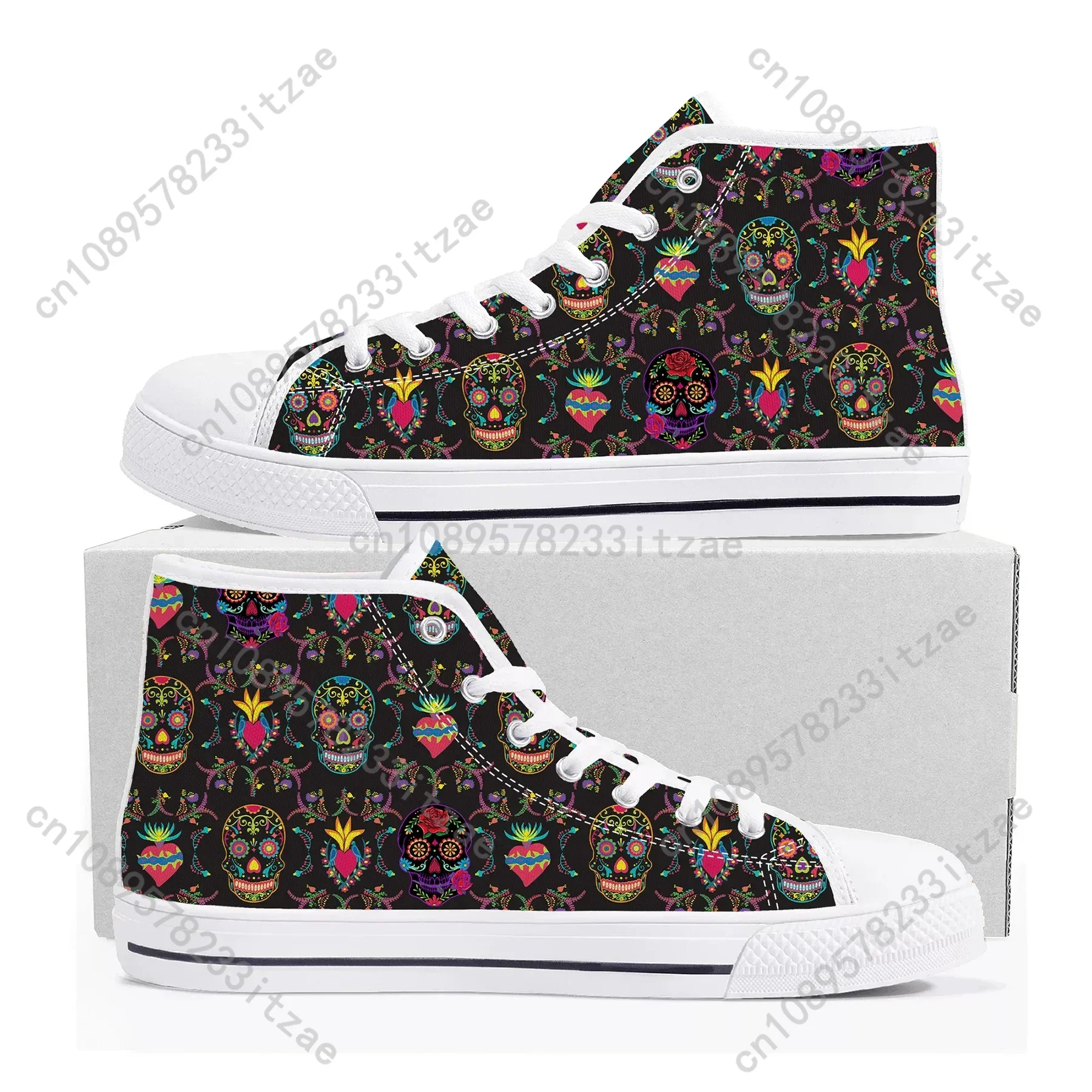 Retro Sugar Skull Floral Printed High Top Sneakers Mens Womens Teenager Canvas Sneaker Casual Custom Made Shoes Customize Shoe