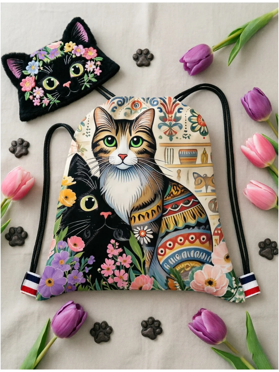 Vibrant Floral Cat Pattern Art Drawstring Backpack Waterproof Bags Sports Cinch Sack String Storage Bags for Gym Sackpack