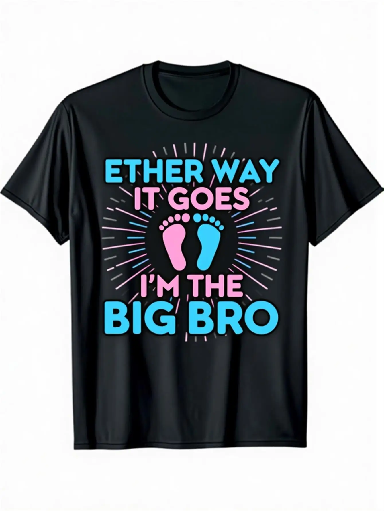 Funny Men's Black Graphic T-Shirt Big Bro Pink Blue Baby Footprints Bold Slogan Starburst Typography Print 100% Cotton Heavyweight Short Sleeve Casual Streetwear Tee