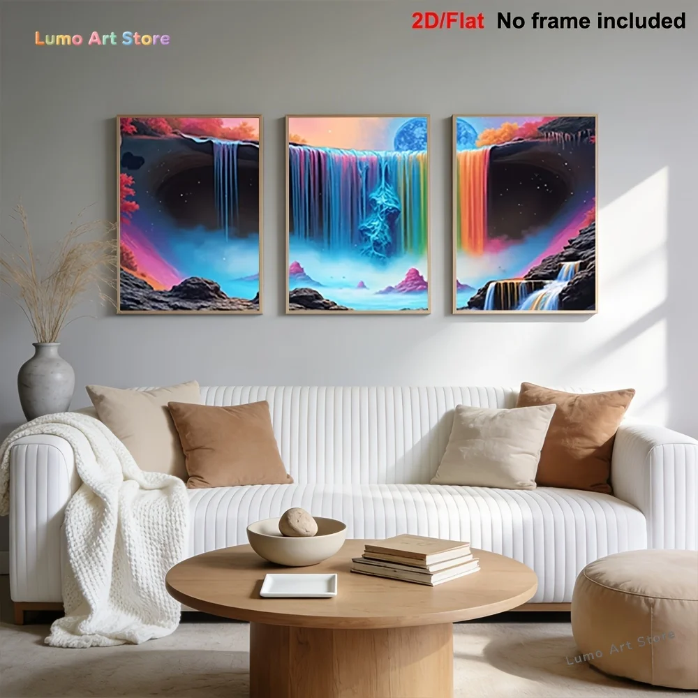 2D Flat, 2D Flat, 3pcs Frameless Canvas Prints, Home Wall Art, Wall Decoration, 3pcs Frameless Vertical Vibrant Waterfall Lan