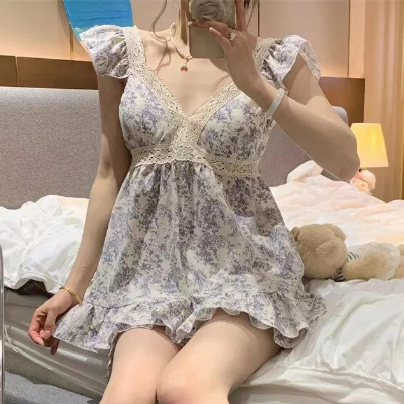 Floral Pajama Sets Women Lace Sweet Flying Sleeve Princess Homewear Daily Summer Fashion College Chic Temperament Korean Style