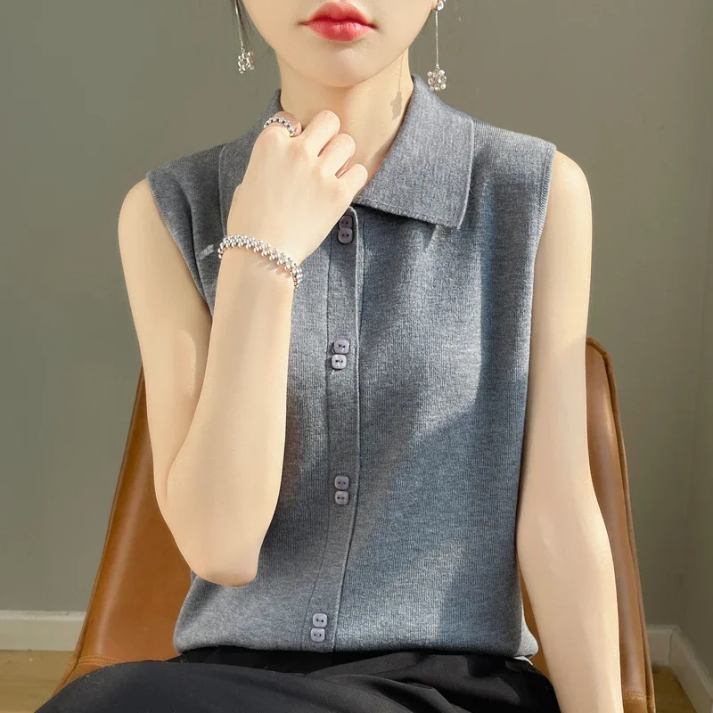 Spring and Autumn New POLO Collar Top Shirt Women's Sleeveless Wool Knitted Tank Top Thin Inner Layup Top