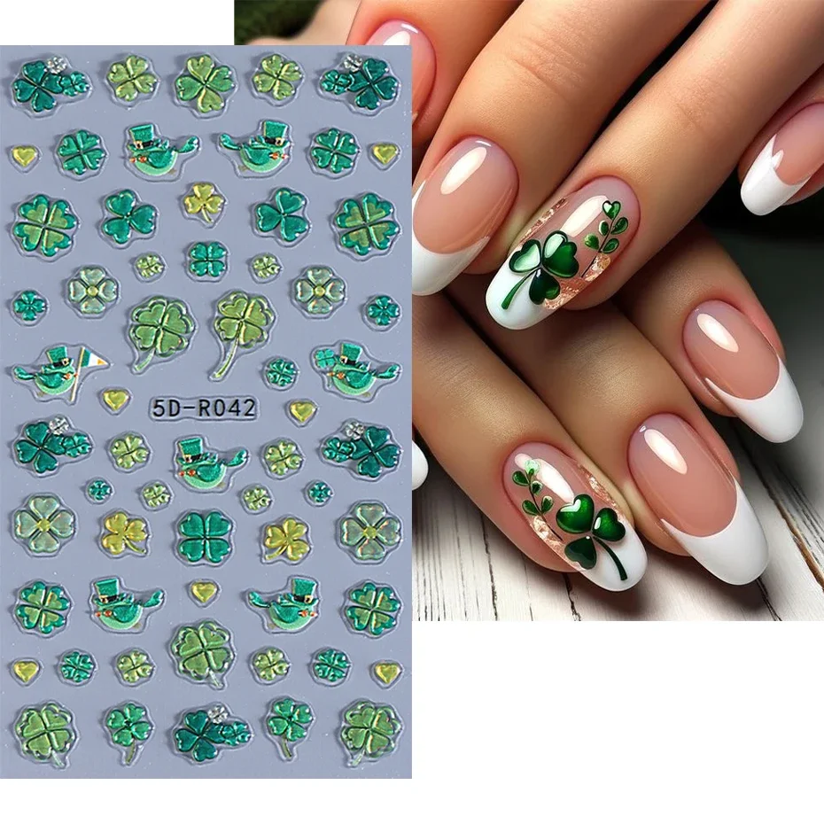 Adesivo per unghie con quadrifoglio verde in rilievo 5D, giorno di San Patrizio, foglia fortunata, cuore nuziale, decalcomania fai da te, cursore, decorazione artistica per manicure