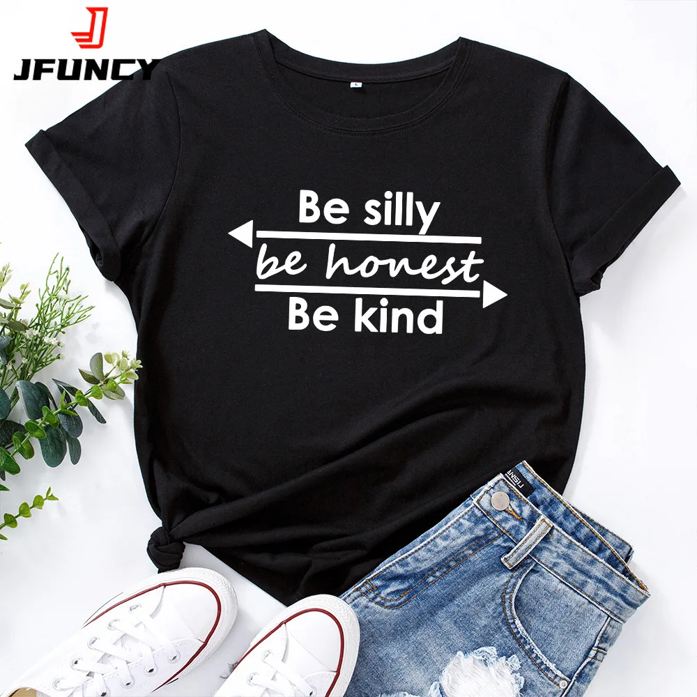 

JFUNCY 100% Cotton Women's T-shirt Creative Letters Print Graphic Tees Female T Shirt Women Tops Short Sleeve Tshirt