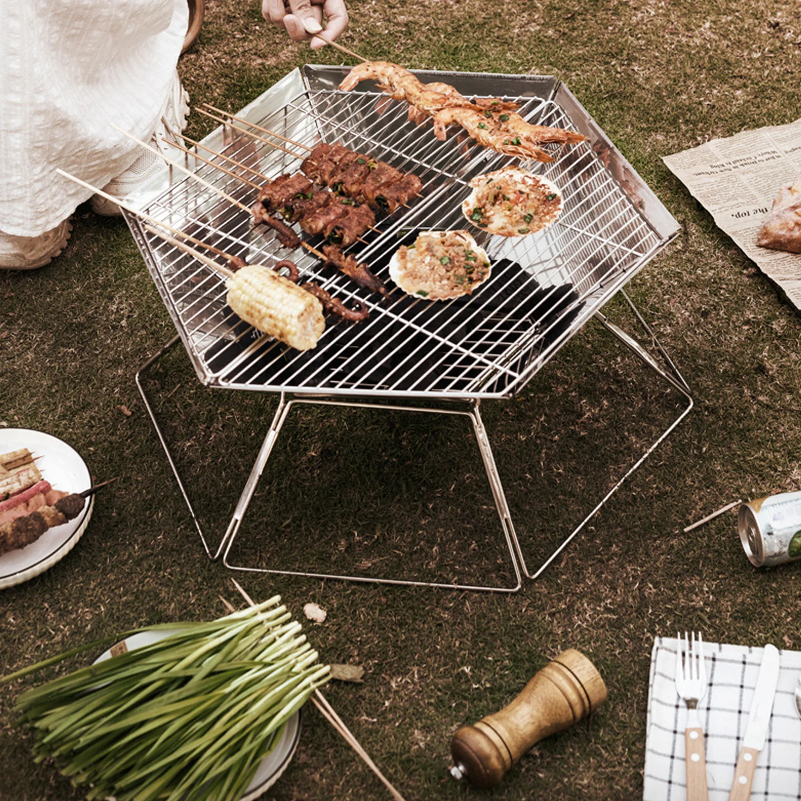 

Шестиугольная сетка для барбекю из нержавеющей стали, многофункциональная решетка для приготовления пищи, уличная сетка для барбекю, термостойкая сетка для гриля