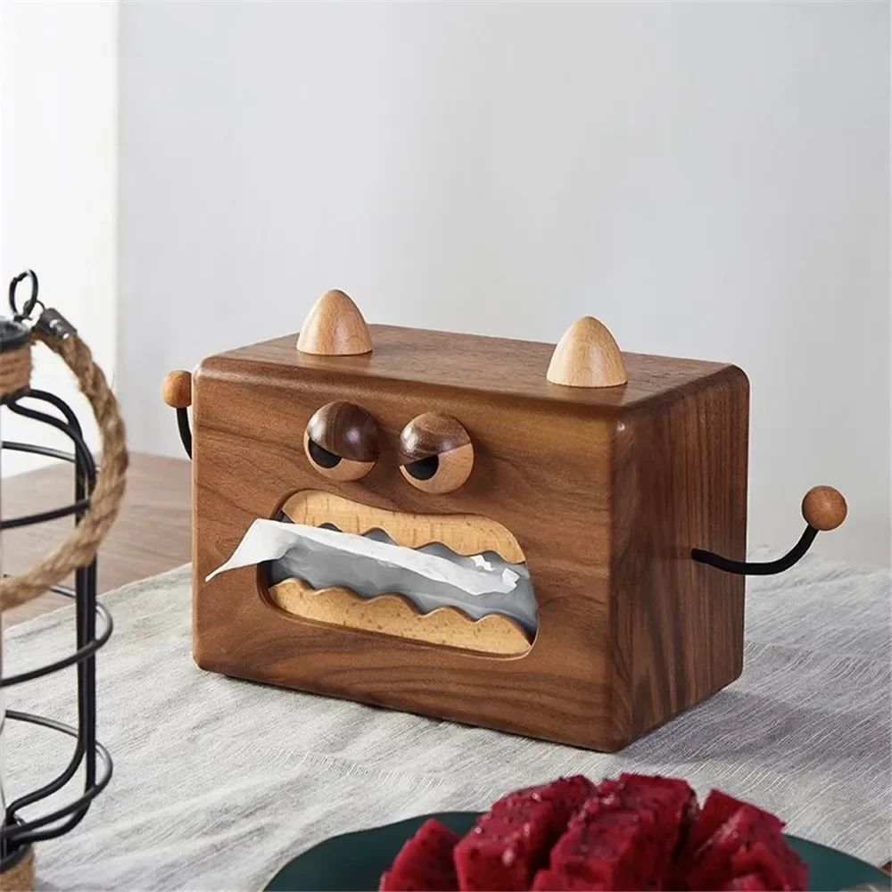 Walnut Wooden Tissue Box Cute Little Monster Tissue Case Napkin Holder for Kitchen Dining Room Living Room Home Decoration Gift