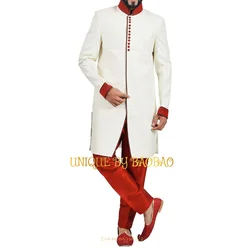 Indo Men's 2-piece Suit (Sherwani & Churidar) Red Silk Pants Wedding Cocktail Banquet Party Hollywood Easter Custom Garment