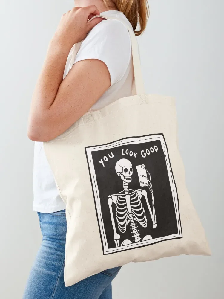 you look good skeleton mirror selfie black and white Tote Bag tote bag screen Canvas stote bag Women's beach bags