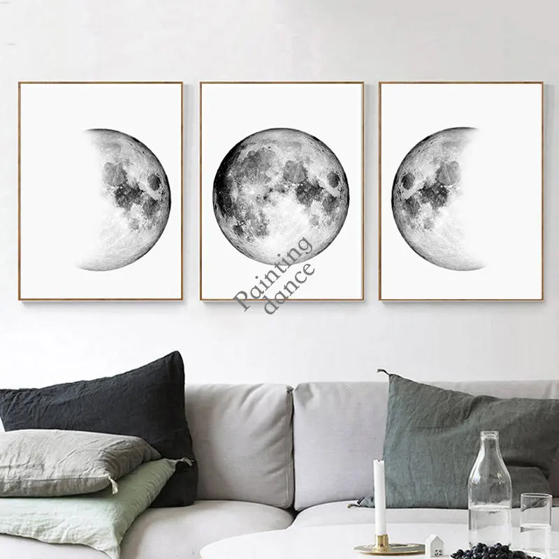 Minimalist Black and White Wall Art Canvas Painting Posters Moon Phases Earth Pictures Prints Interior for Home Room Decoration
