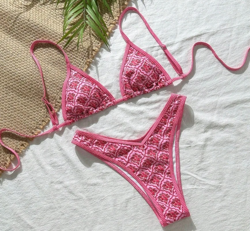 

Сексуальные комплекты бикини с розовым цветочным принтом, комплект из двух предметов, бикини, стринги, купальник, комплект бикини, танкини, пляжная одежда, трикини
