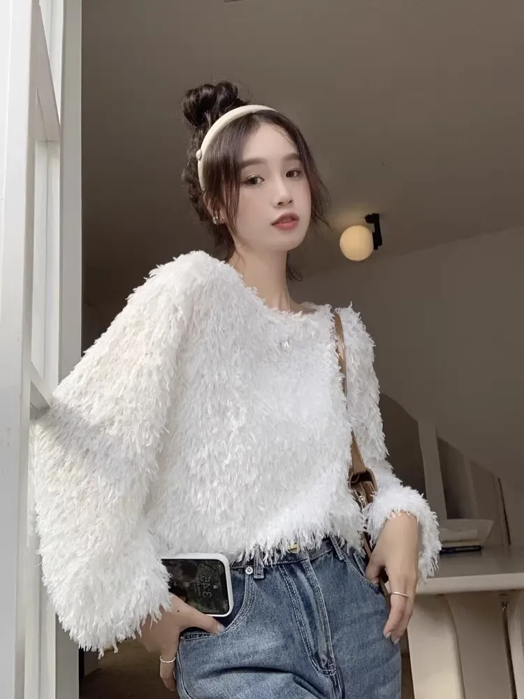 Fluffy Sweaters Women Sweet Loose Autumn Winter Tassel Fairycore Korean Style Streetwear O-neck Aesthetic Exquisite Prevalent