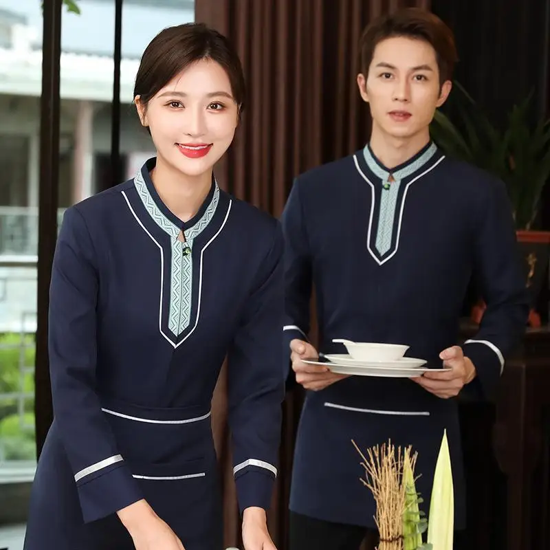 

Chinese Ethnic Style Attendant Working Clothes Men and Women Long Sleeve Top Apron Set Hotel Restaurant Catering Uniform