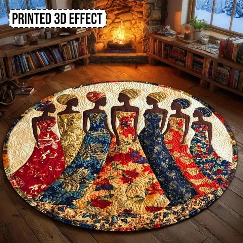 Extra Long 3D Ballerina Silhouette Round Rug - Wide Multicolor Floral Dress Design Floor Mat for Spacious Dance Studio Decor