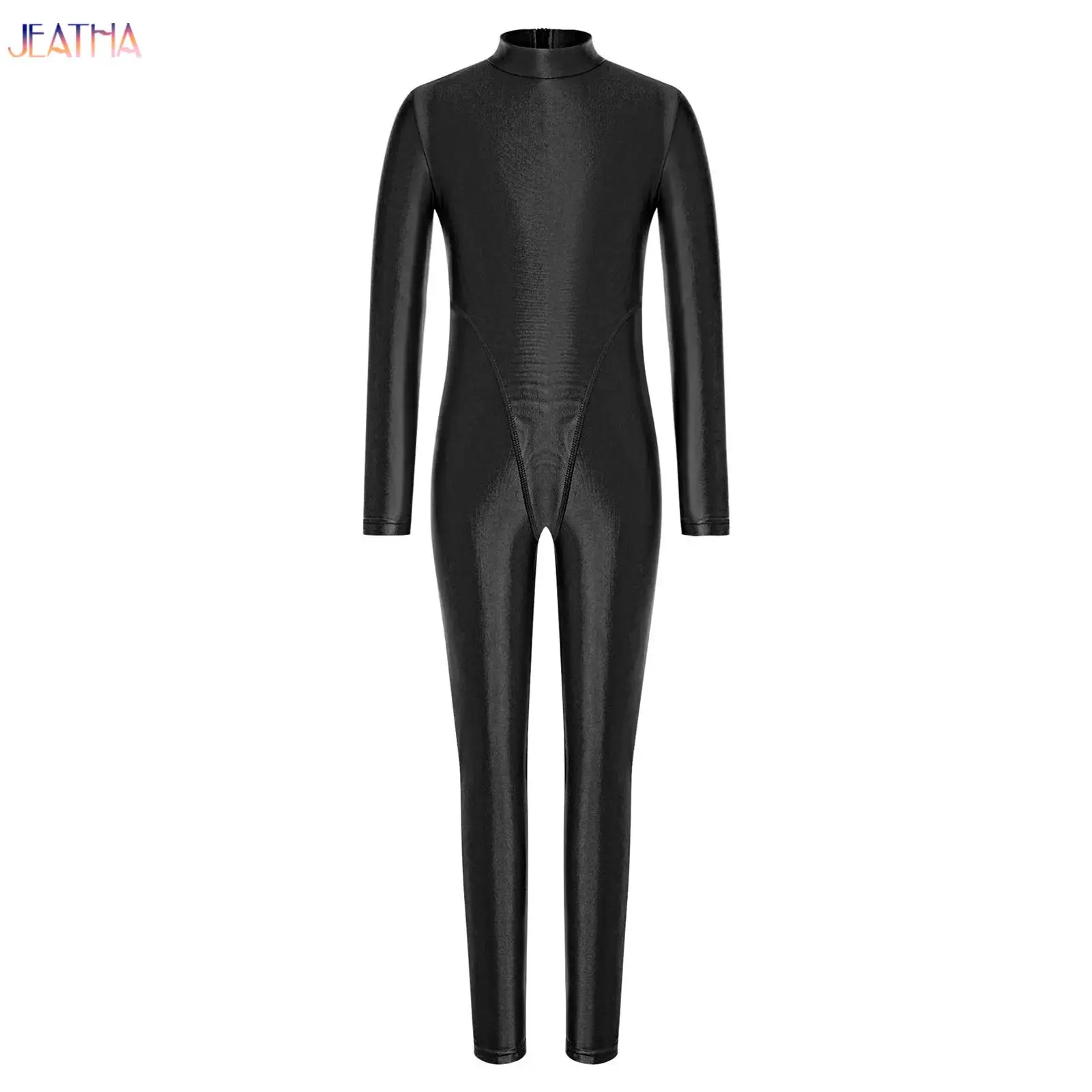 

Kids Girls Glossy Gymnastics Jumpsuit Long Sleeve Back Zipper Ballet Bodysuit for Figure Skating Dance Training Performance