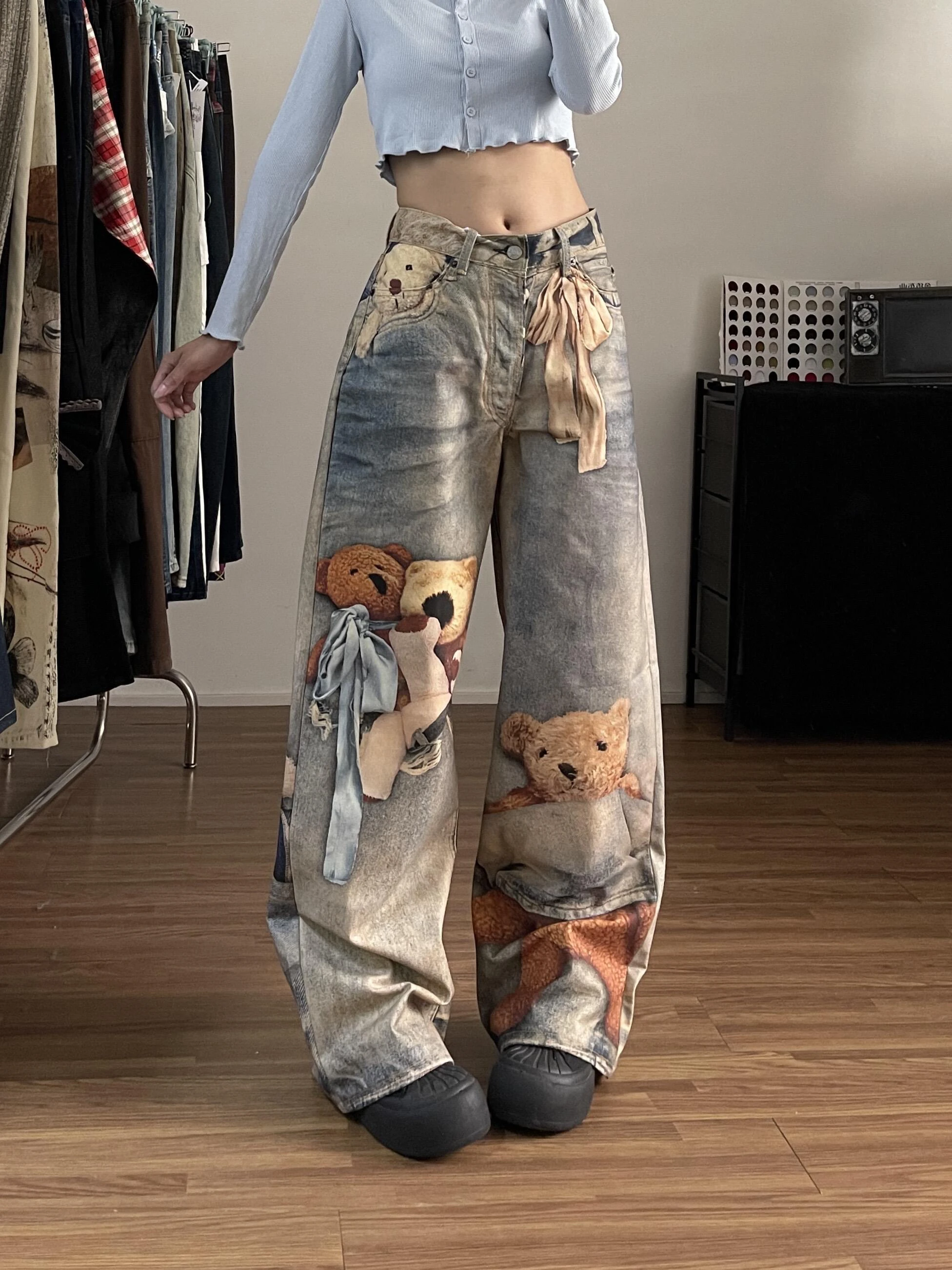 

Ретро-джинсы в американском стиле, повседневные, из денима, с 3D-принтом медведя, прямые, длинные брюки, модные, с низкой посадкой, на молнии