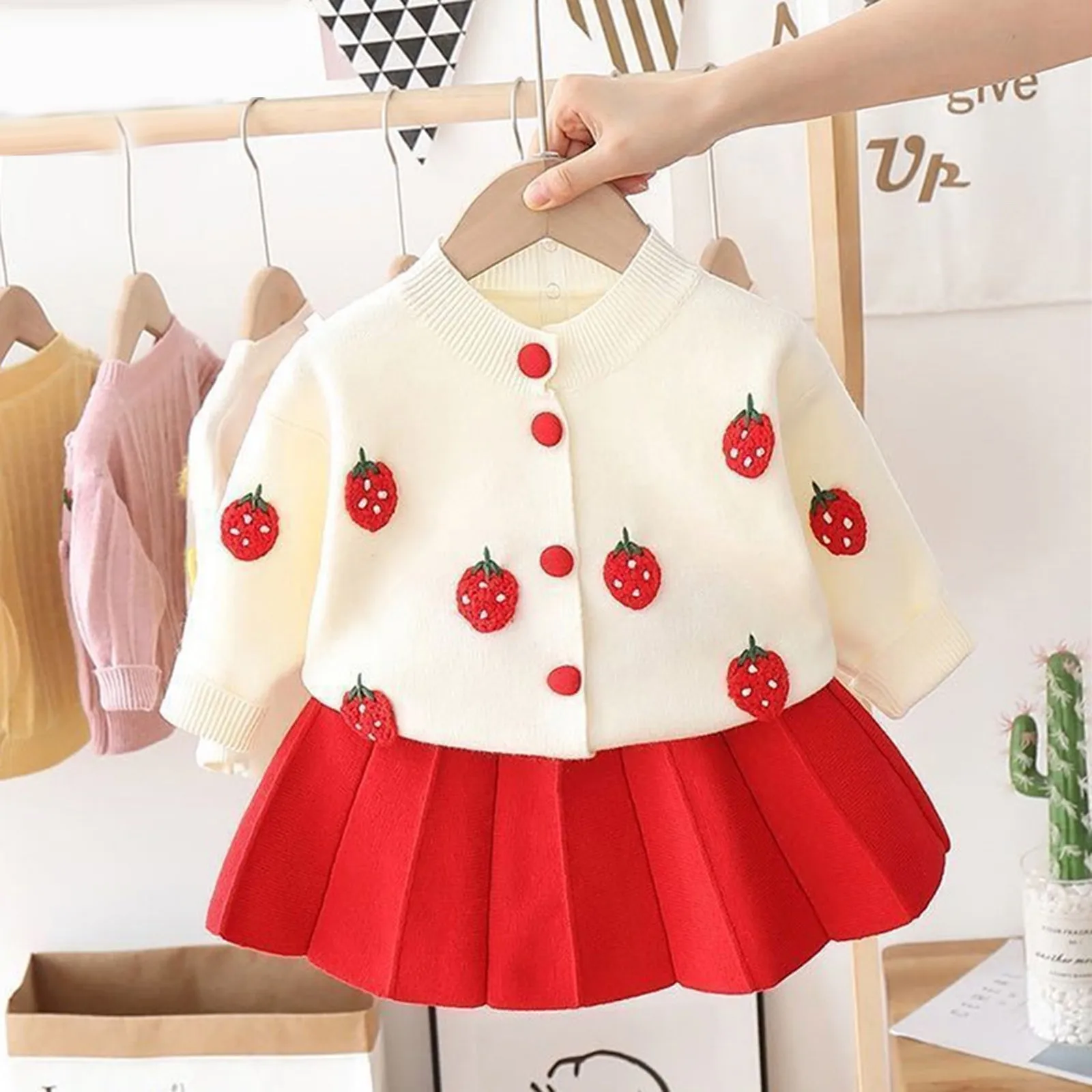 2023 autunno bambini maglione gonna ragazze Set bambini Cardigan lavorato a maglia cappotto gonna dolce cartone animato inverno Set abbigliamento