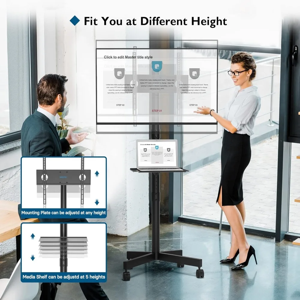 Supporto TV mobile universale per TV da 23-60 pollici, altezza regolabile con ruote di bloccaggio e ripiano multimediale, può contenere fino a 88 libbre