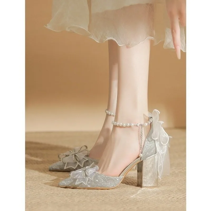 Spring Pointed Toe Party Woman Wedding Shoes Bride Bow Thick Heel Silver Sequin Fairy  Lolita Style Single Shoes