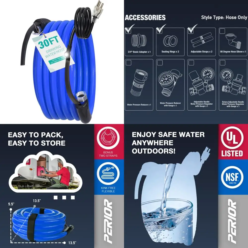 

Сертифицированный шланг для питьевой воды для кемпера NSF 372, 30 футов с подогревом, автоматическим термостатом и защитой от замерзания для улицы