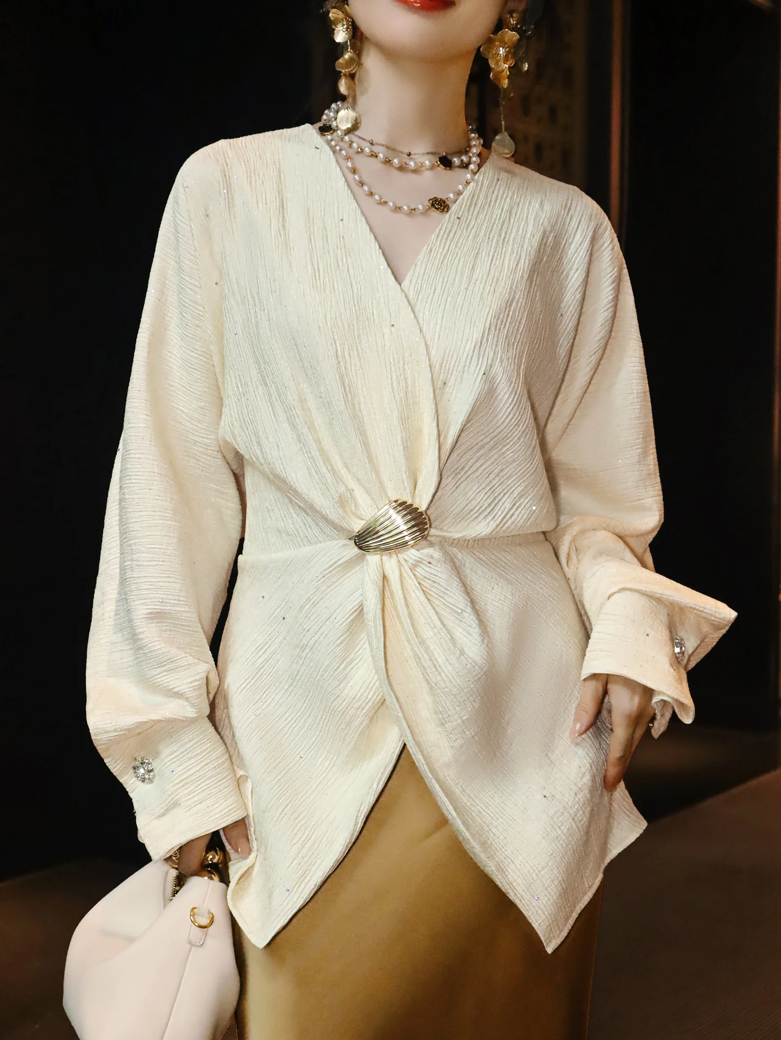 

Ele V-ne irt Chic Knot Design Tea White Commute Ele Top Women's Faionable Busin Casual Long Sve irt