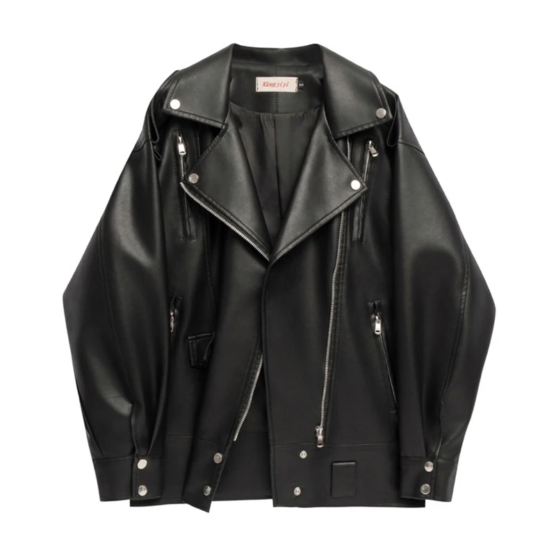 Neue koreanische Damen-Lederjacke im Motorrad-Stil, Hong Kong-Stil, PU, übergroßes Reißverschluss-Design, mittellanger, lockerer Ledermantel