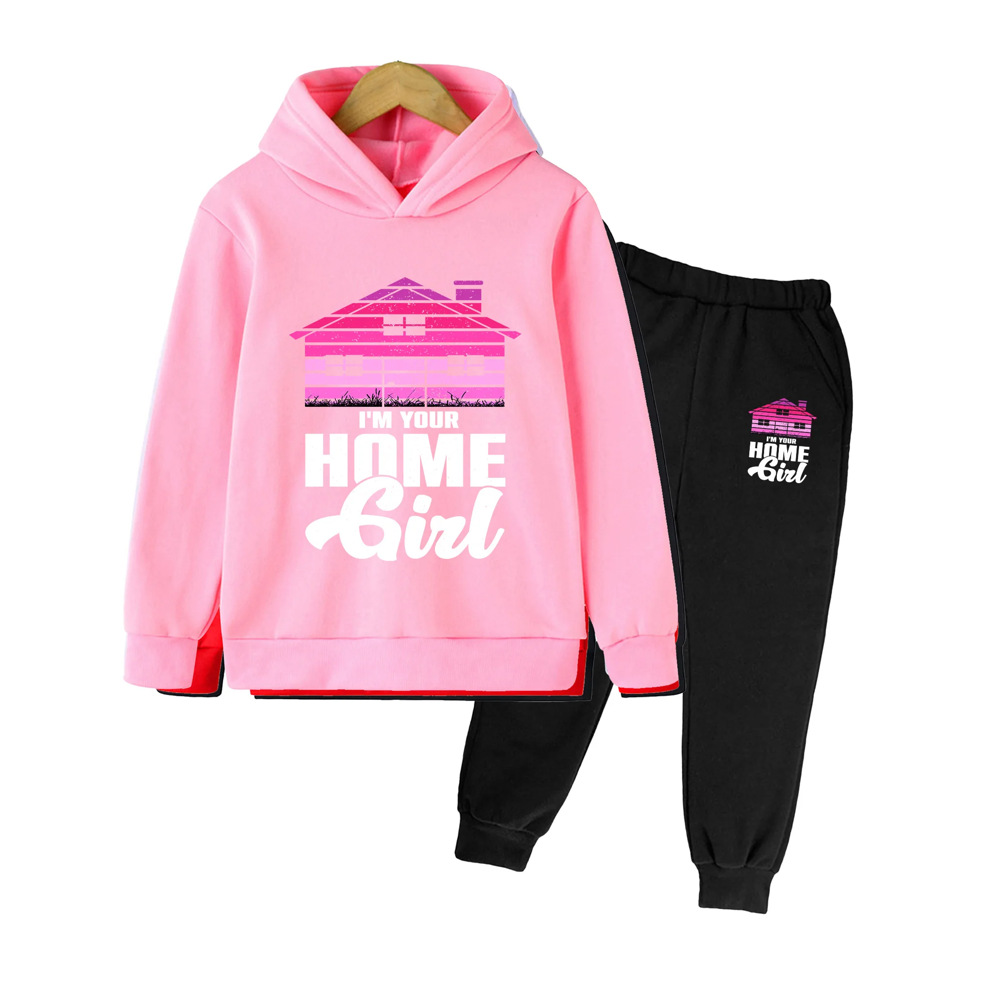 Kids Boys Girls Hoodie & Pants Set, Pink House Print Casual Sportswear for Daily Outdoor Wear