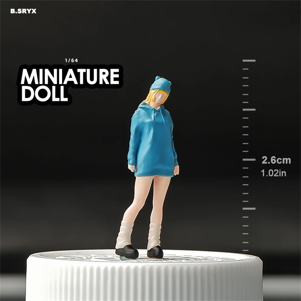 Kicarmod 1/64 Scale Model Figurine of the Girl has Two Ponytails Wearing Blue Coat and Blue hat in Scale Diecast Miniature model