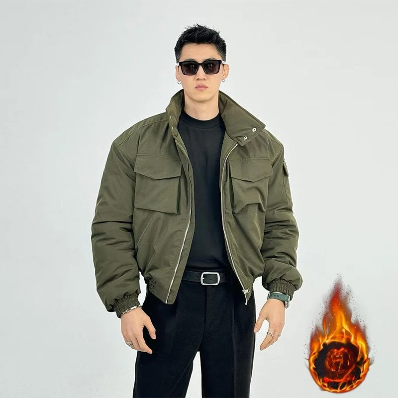 معطف رجالي من القطن البضائع كاجوال بياقة واقفة وسترة مبطنة عصرية بجيوب متعددة ملابس خارجية فضفاضة ودافئة