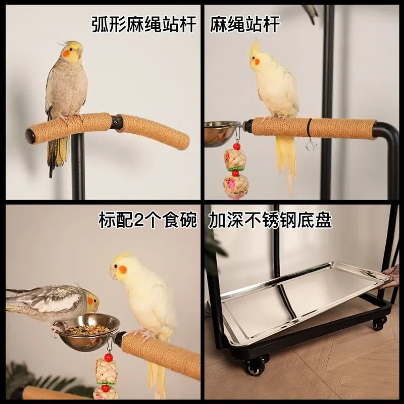 Upgraded Black Triangle Bird Perch Stand for Medium Large Parrots Wrought Iron Stainless Steel Frame with Drinking Water