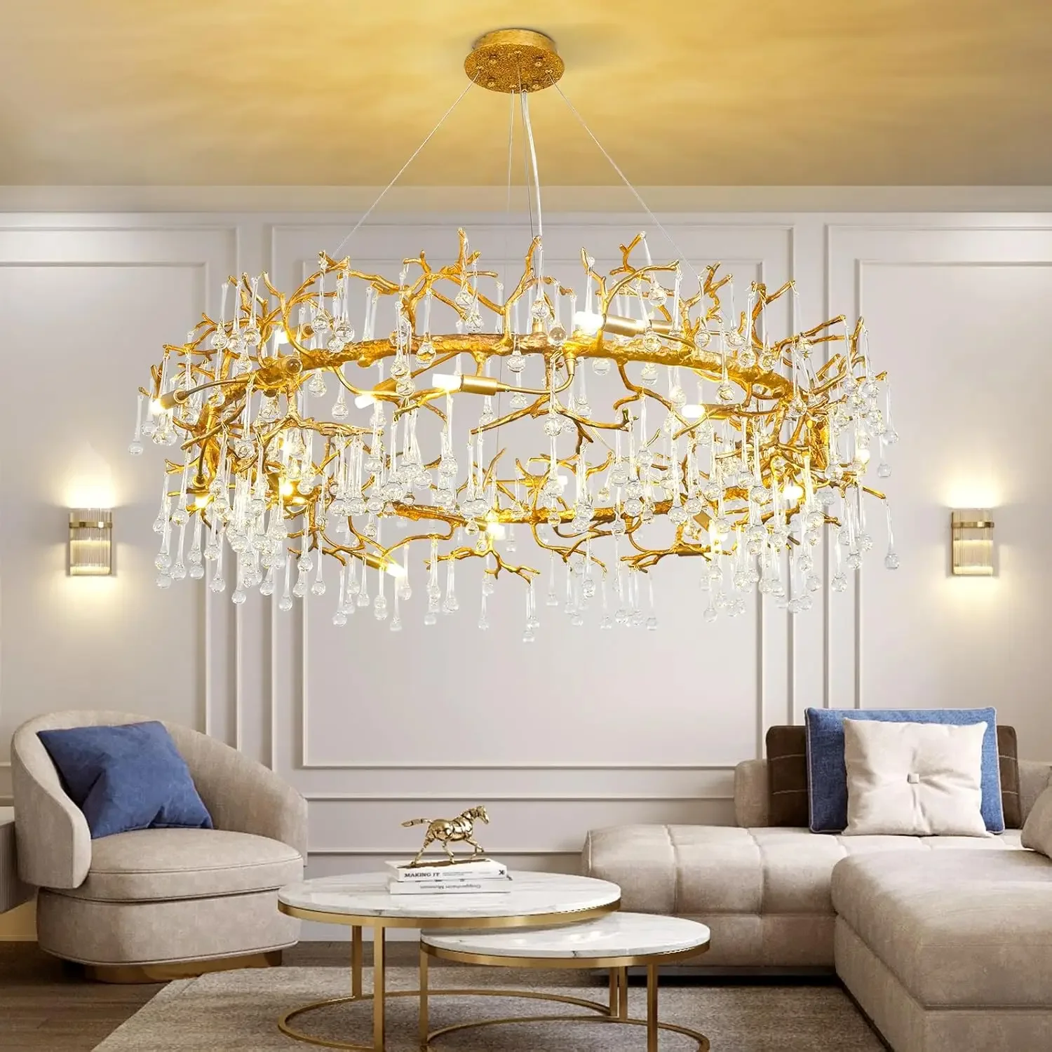 

Luxury Crystal Chandeliers Metal Round Copper Hanging Lamp for Dining Living Room Hotel Hall Art Gold Decor Chandelier Lighting