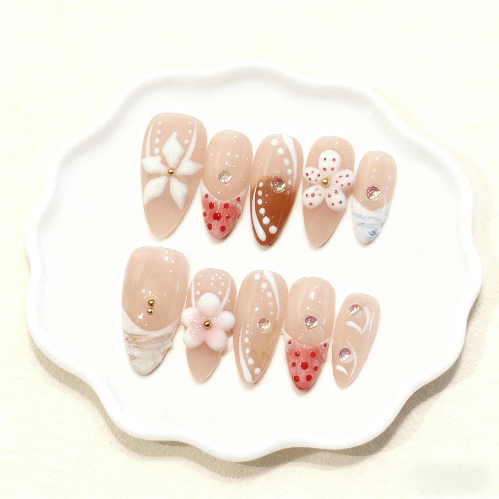 

10PCS Handmade 3D Flower Fake Nails - Short Almond Glossy Nude French Press on Nails Full Cover Wearable False Nails Tips Art