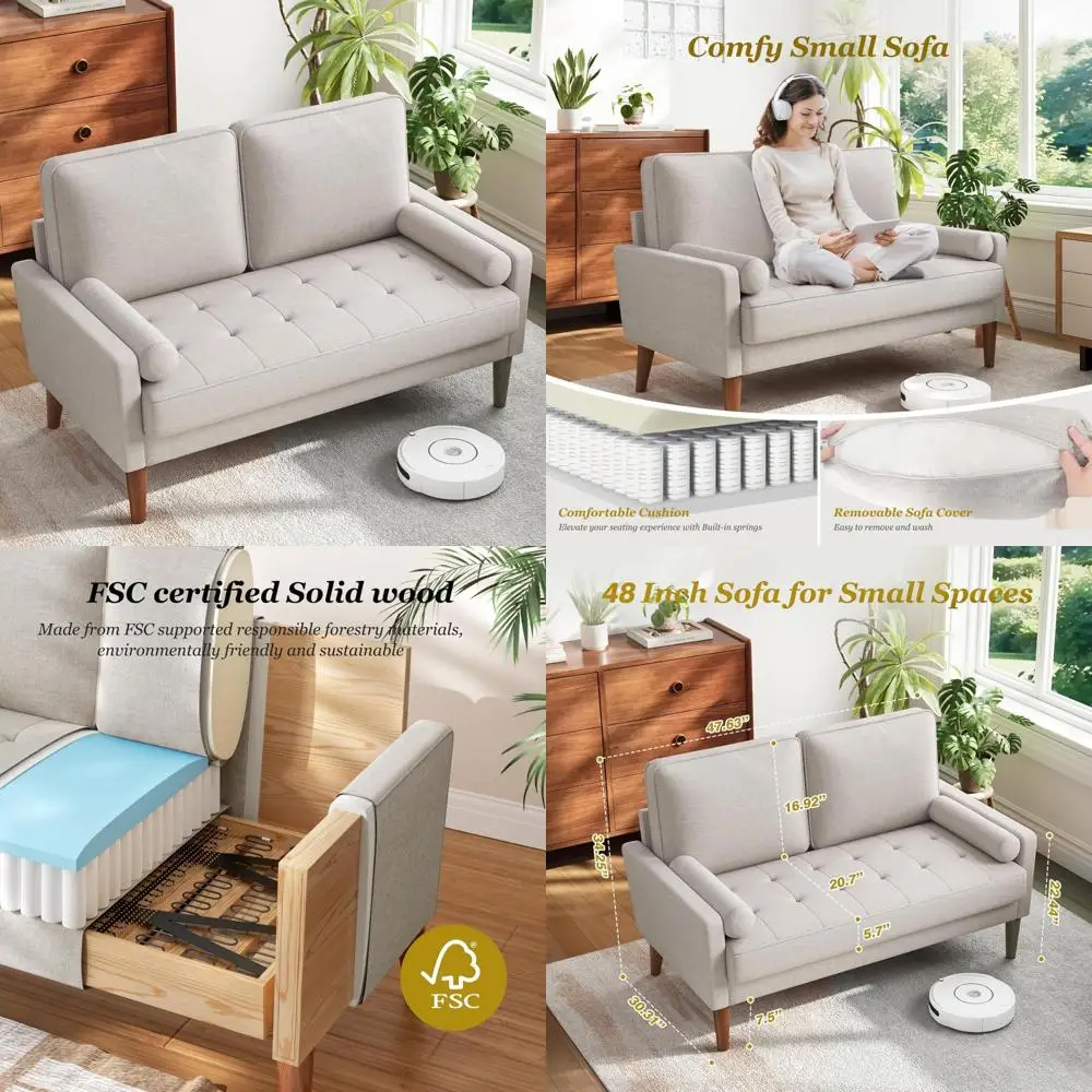 Compact 48 Loveseat Sofa with Solid Wood Legs for Small Spaces, Ideal for Living Room and Bedroom, Easy Assembly