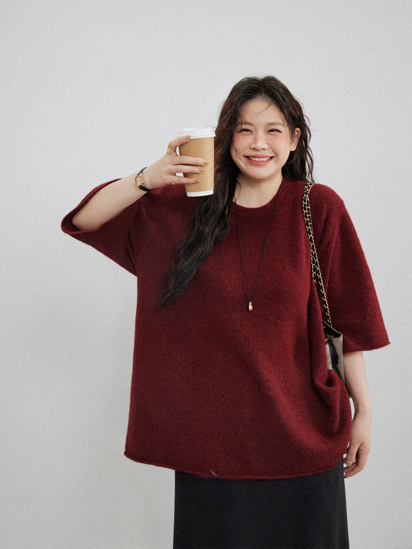 

plus Size Women's round Ne Color Loose Knitted Sweater Casual Sle Five Sve Inner Wear Top for Early Spring
