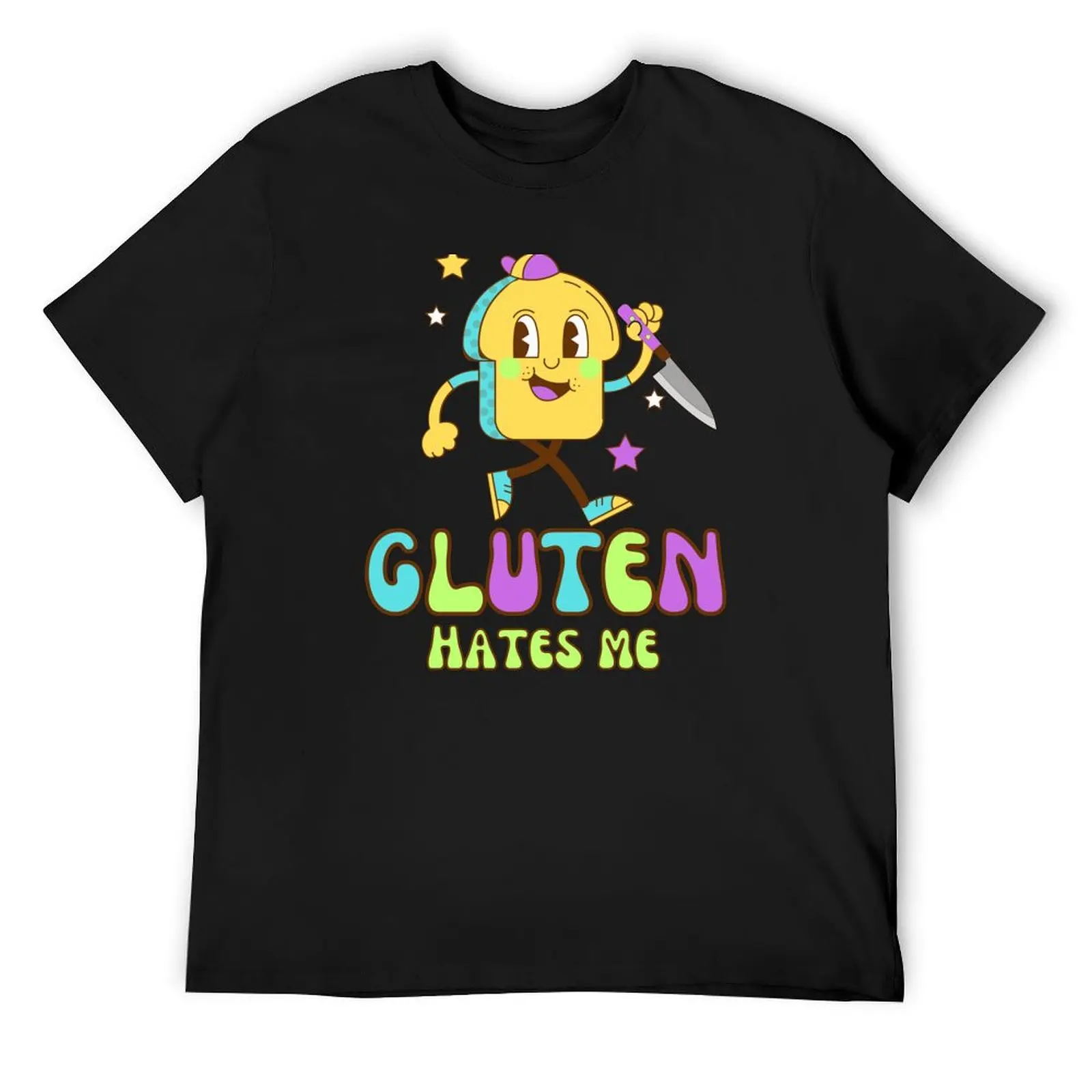 Gluten Hates Me Knife (retro neon) T-Shirt designer shirts summer clothes t shirt for men