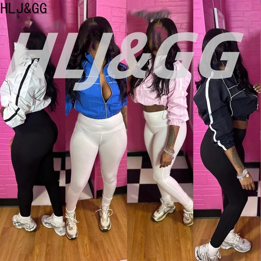 

HLJ & GG, модная спортивная женская одежда, повседневная однотонная укороченная куртка на молнии и леггинсы, брюки, комплекты из двух предметов, женские спортивные костюмы