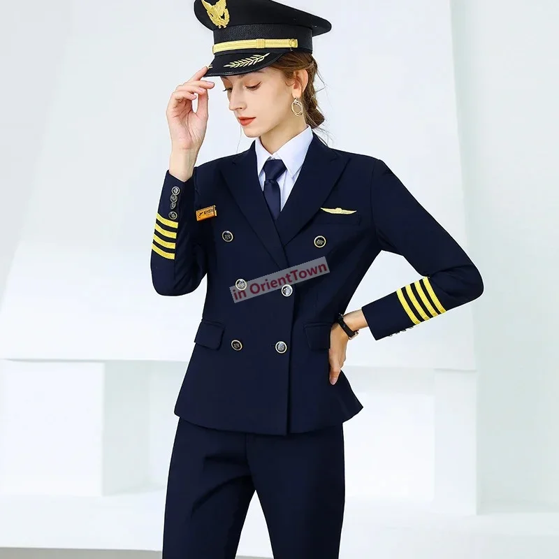 High End Spring Aviation Pilot Woman Captain Uniform Navy Blue Slim Fitting Coat Pants Set Professional Autumn Skirt Blouse Suit