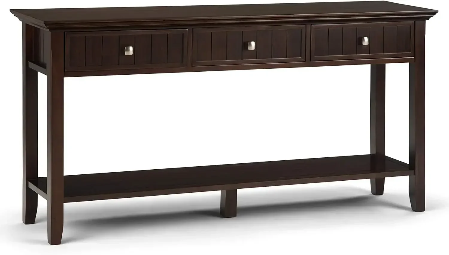 SIMPLIHOME Acadian SOLID WOOD 60 polegadas de largura Transicional Moderna Console Mesa de entrada para sofá em marrom bruna com armazenamento,