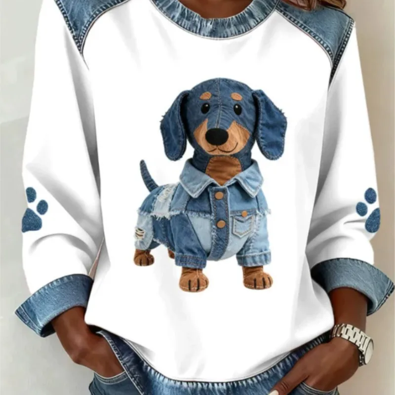 Women's Sweatshirts Pullovers Spring Autumn Fashionable Casual Dog Printed Round Neck Long Sleeved T-shirt Top