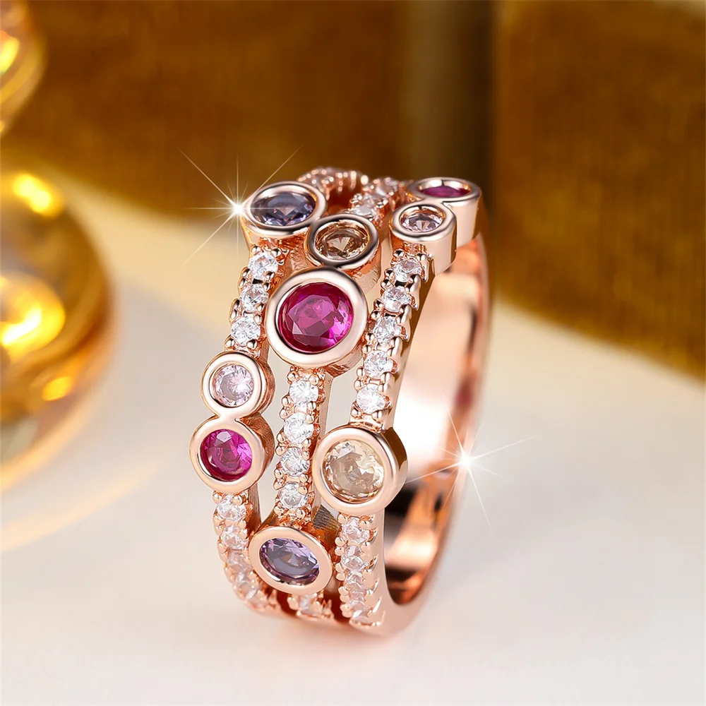 Rose Red Zircon Round Stone Three Layers Rings For Women Vintage Gold Color Engagement Ring Wedding Jewelry Bridal Gifts
