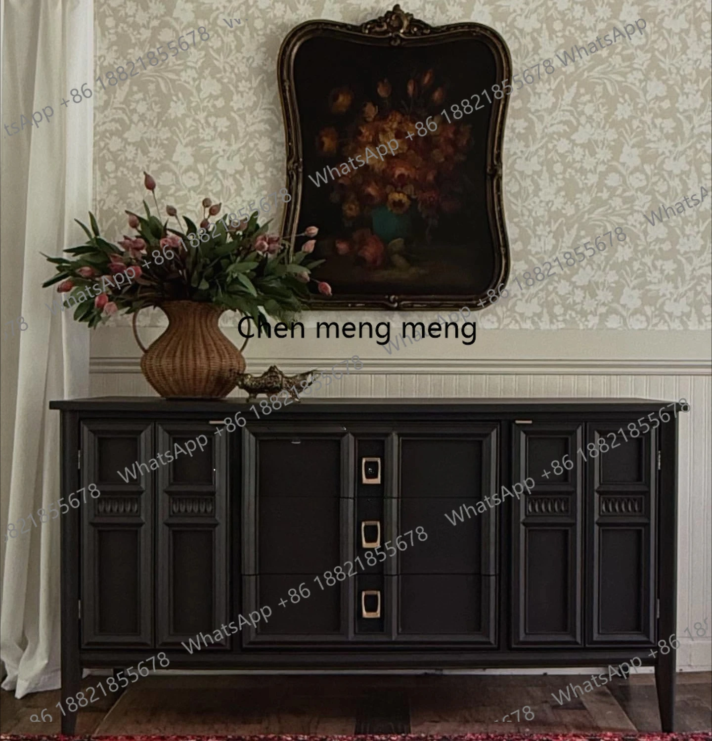 

French solid wood black modern simple living room TV cabinet American wall locker furniture can be customized