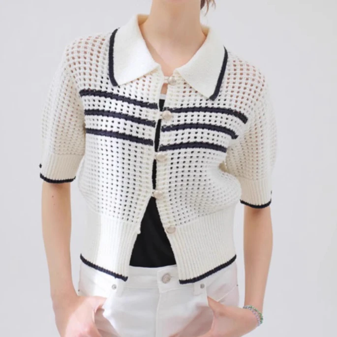 

2026 Spring/Summer New European and American Cardigan Women's Short Sleeve Fit Fashion Stripe Hollow Out Knitted Jacket