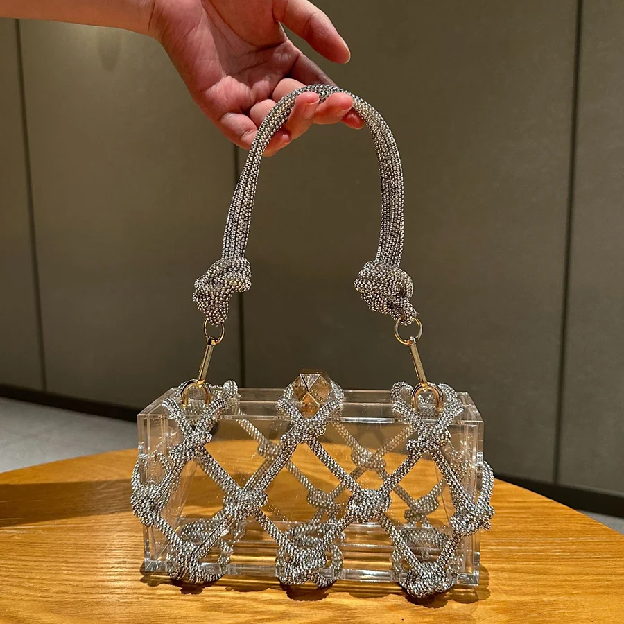 Diamond Clear Acrylic Box Evening Clutch Bags Women New Boutique Woven Knotted Rope Rhinestone Purses And Handbags Wedding Party