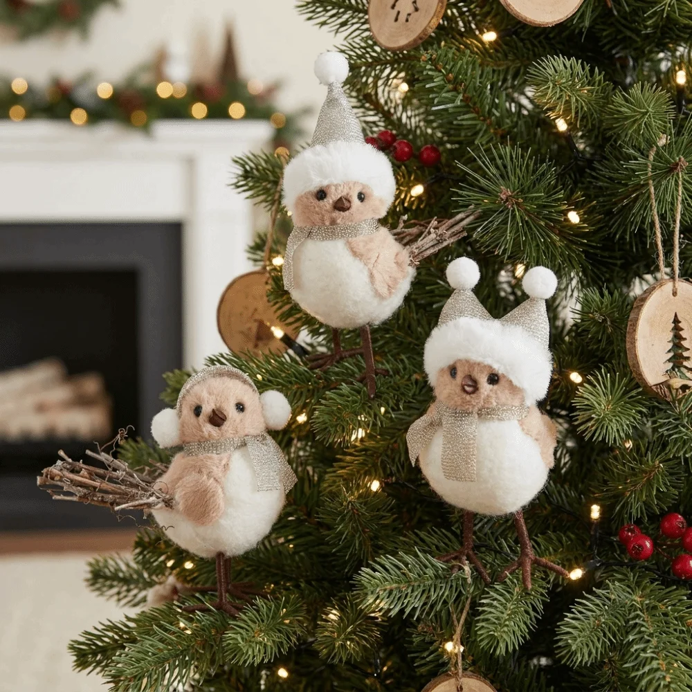 1pc Artificial Foam Christmas Tree Decorations Knitted Hat And Scarf Fixed Iron Wires Feet Bird Statues Vesitile Lightweight