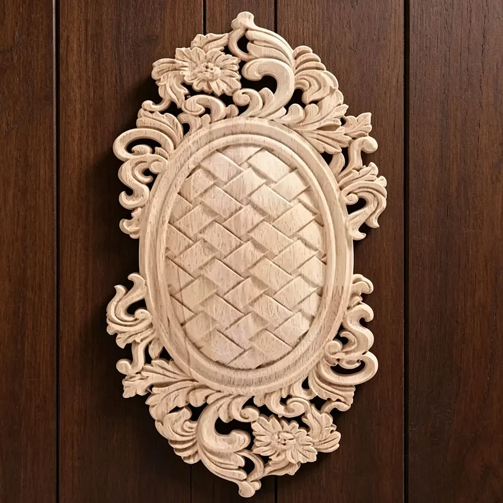 Flower Wood Carving Natural Wood Appliques for Furniture Cabinet Unpainted Wooden Mouldings Decal Decorative Figurine