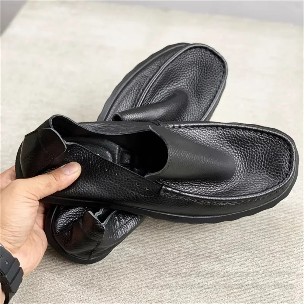 

Wide Head Bean Genuine Leather Shoes Men Soft Leather Cowhide Flat Bottom One Step Stepping Dad Shoes Handmade Casual Shoes