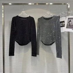 Autumn Casual Diamond Bright Long Sleeve T-shirt For Women Irregular Round Neck Simple Design Tops Female New Slim Black Tees