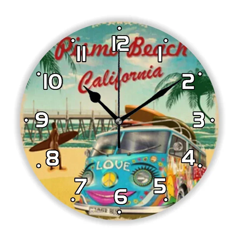 Vintage Summer Holiday Bus Camper Van Wall Clock for Living Room Kitchen Retro Car Surfing Beach Large  Watch Home Decor 35